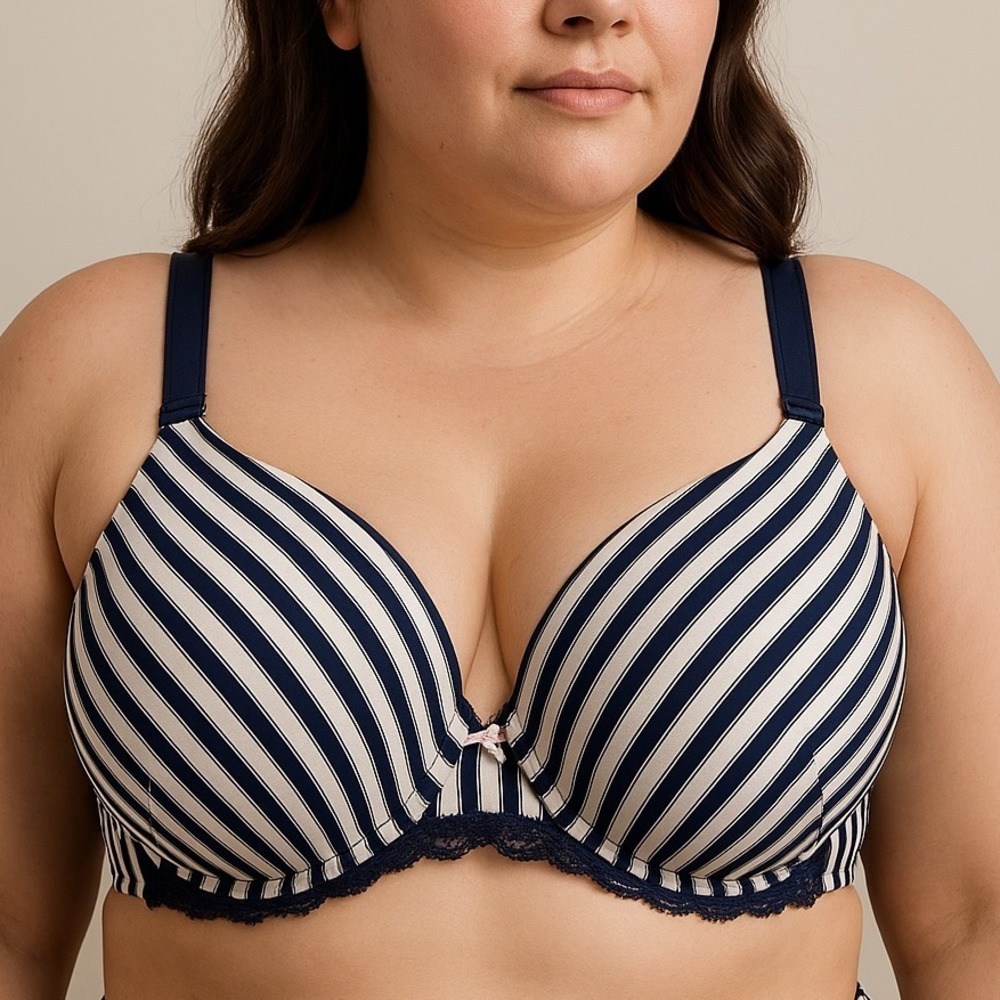 Cacique Striped Padded Bra 46C‎ Underwire Full Coverage Lace Trim Plus Size Navy